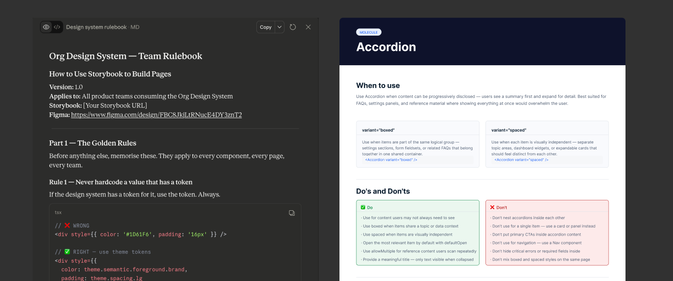 Design system team rulebook alongside Accordion component documentation