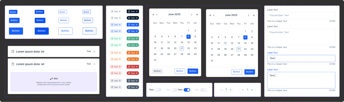 Component system: buttons, chips, calendars, text fields, switches, quantity selectors
