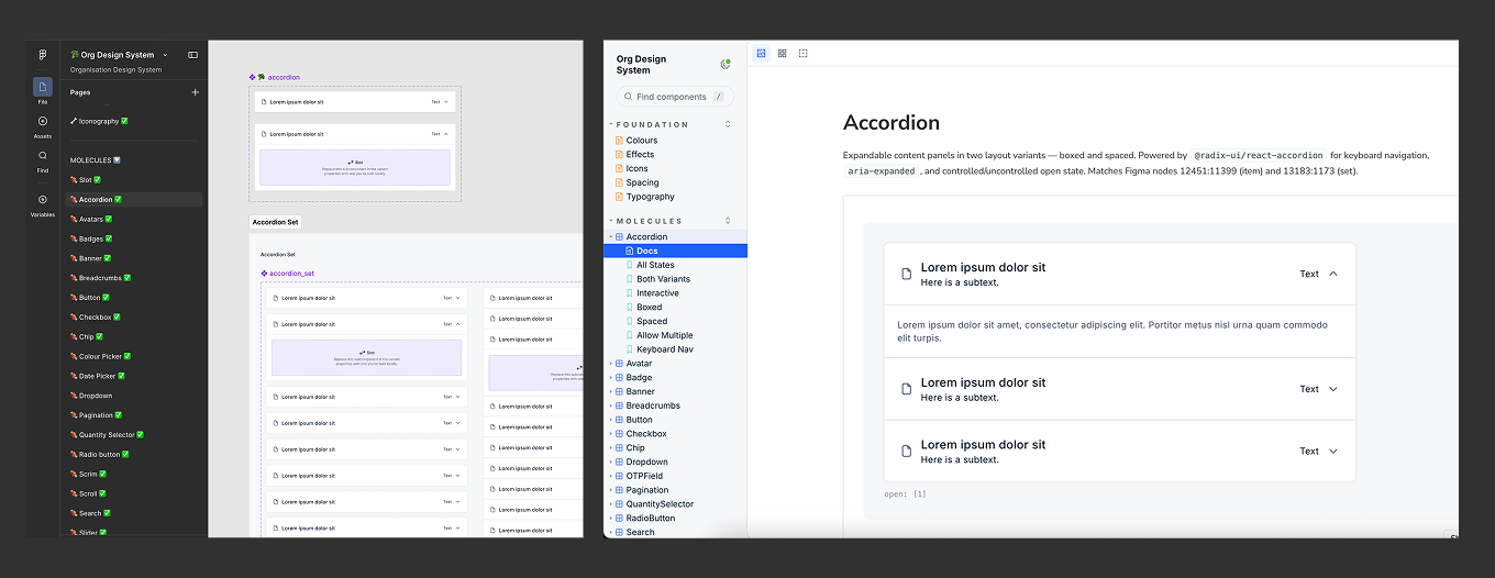 Figma design system sidebar alongside Accordion documentation in Storybook
