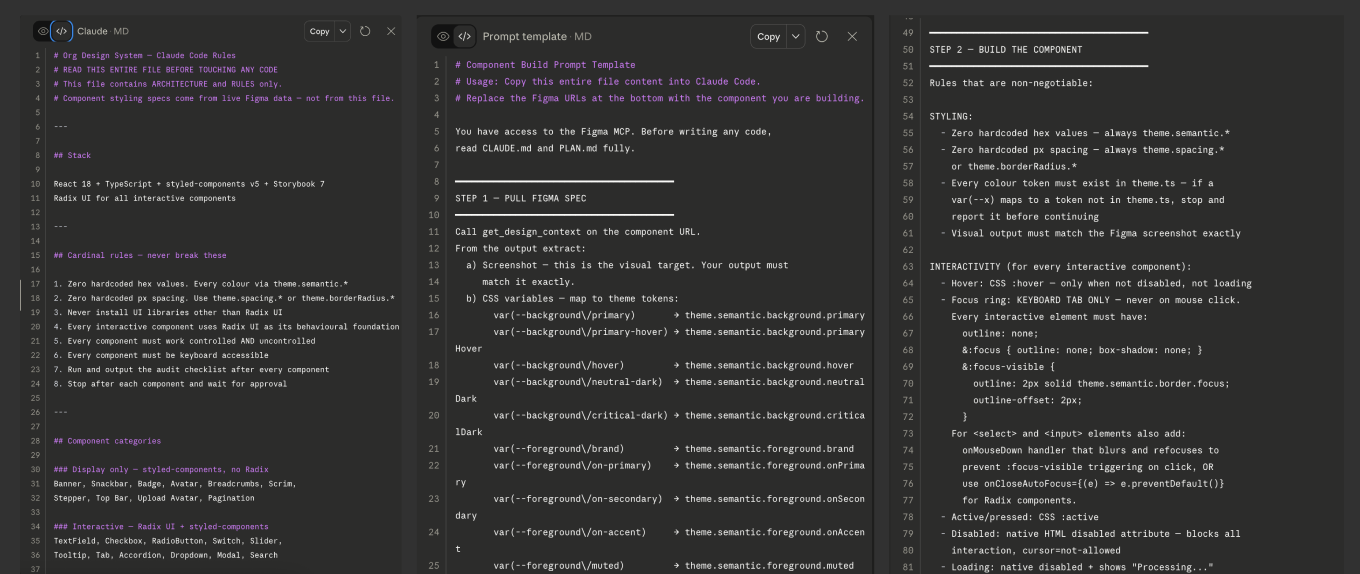 Three Claude Code sessions showing multi-step component and page generation