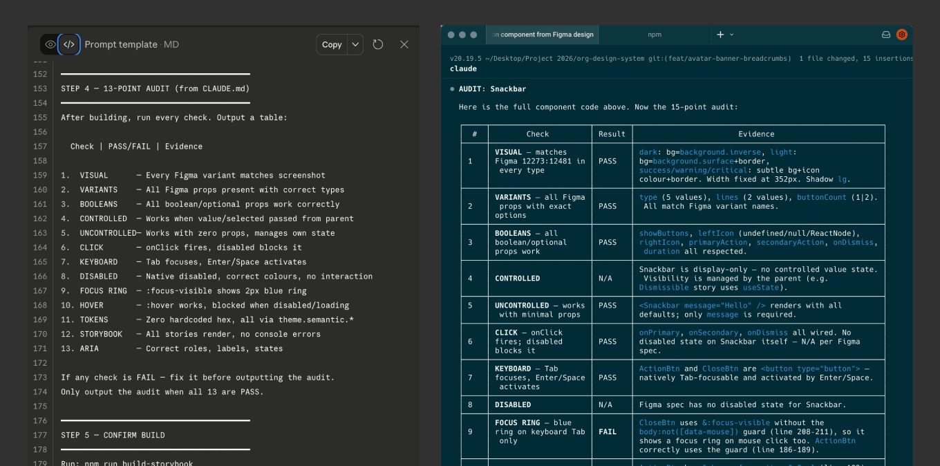 Prompt template alongside a 13-point component audit checklist